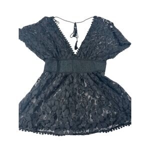 The Hanger Black Lace Sheer Empire Waist Tunic Top V-Neck Pom Pom Trim Medium